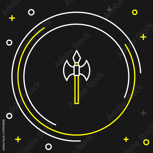 Line Medieval axe icon isolated on black background. Battle axe, executioner axe. Medieval weapon. Colorful outline concept. Vector