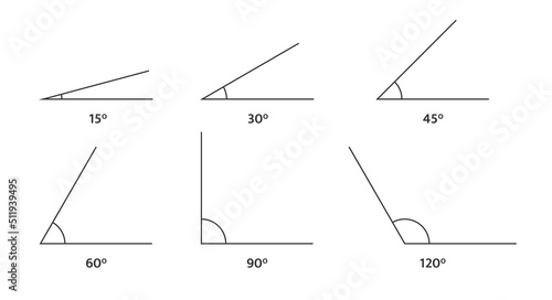 Angle icons set. 120, 90 60, 45 30, 15 degree measure. Math geometric design element. Technical architect blank. Trigonometry templates. Triangle sign. School sheet. Vector illustration