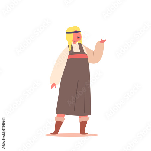 Little Girl Wear Antique Scandinavian Dress, Viking Female Character Isolated on White Background. Child with Pigtails