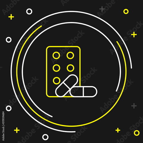 Line Sports doping, anabolic drugs with dumbbell icon isolated on black background. Anabolic steroids tablet. Pills in jar. Colorful outline concept. Vector