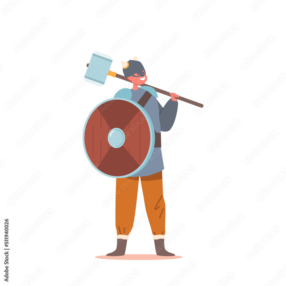 Kid in Viking Suit, Scandinavian Warrior Boy Character Wear Helmet Holding Wooden Shield and Hammer, Nordic Personage Kid in Viking Suit, Scandinavian Warrior Boy Character Wear Helmet Holding Wooden Shield and Hammer, Nordic Personage