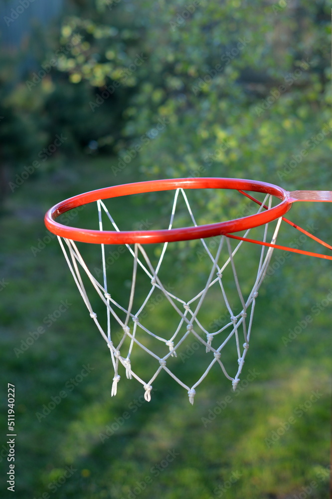 Backetball hoop in green yard or park, outside summer team game with ball and basket ring