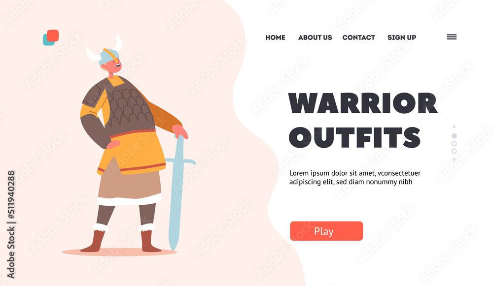 Warrior Outfit Landing Page Template. Funny Boy in Suit of Scandinavian Warrior, Barbarian Soldier in Horned Helmet Warrior Outfit Landing Page Template. Funny Boy in Suit of Scandinavian Warrior, Barbarian Soldier in Horned Helmet
