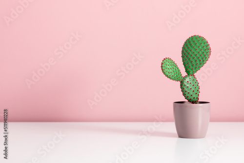 Leinwand Poster Closeup green cactus flower on pink  background, minimal concept.