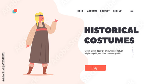 Historical Costumes Landing Page Template. Little Girl Wear Antique Scandinavian Dress, Viking Female Character