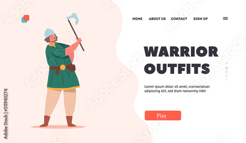 Warrior Outfit Landing Page Template. Viking Boy, Personage of Nordic Legends. Scandinavian Baby Wear Antique Dress