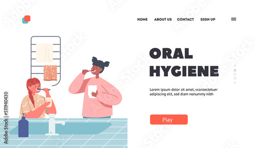 Oral Hygiene Landing Page Template. Kids Brushing Teeth, Happy Sisters Morning Routine, Children Oral Health Care
