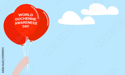 World Duchenne Awareness Day. Banner with a red balloons in the hand - a symbol of the Day