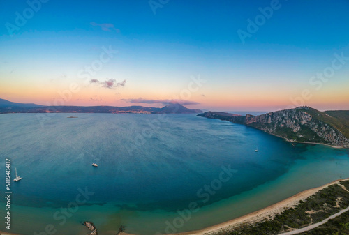 Panoramic aerial view over Divari beach near Navarino bay, Gialova. It is one of the best beaches in mediterranean Europe. Beautiful lagoon near Voidokilia from a high point of view, Messinia, Greece © panosk18