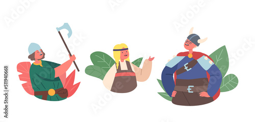 Children in Viking Costumes Isolated Icons or Avatars. Little Boys and Girls Characters Wear Antique Suits Hold Armor