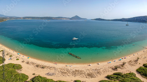 Panoramic aerial view over Divari beach near Navarino bay  Gialova. It is one of the best beaches in mediterranean Europe. Beautiful lagoon near Voidokilia from a high point of view  Messinia  Greece
