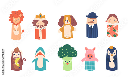 Finger Puppets Funny Animals Lion, Monkey, Dog and Pig with Shark and Penguin. King, Broccoli, Girl and Man Characters