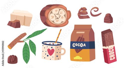 Set Chocolate and Cocoa Production Bean Cross Section, Candy, Hot Drink in Mug, Sweets, Oil, Beverage, Choco Bar