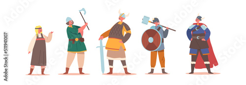 Children in Viking Costumes, Little Boys and Girls Characters Wear Antique Suits Hold Armor Swords, Hammer, Shield, Axe