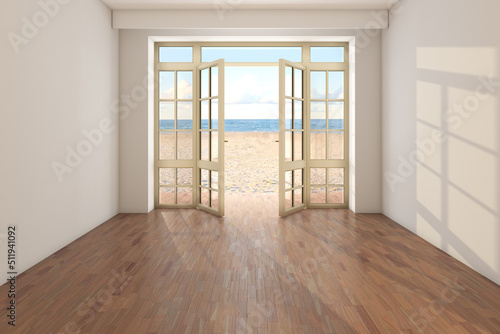 Sunny Hotel Room with Sea View near the Beach. Room without Furniture with Open Doors Overlooking the Ocean  Yellow Sand and Clouds. Dark Parquet Floor and a Beige Stucco Walls. 3d render  8K Ultra HD