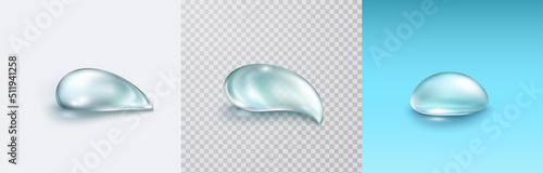 Water rain drop set isolated on gray, transparent and blue background. Gel texture strokes, collagen droplets. Vector hyaluron cosmetic product elements or dew templates