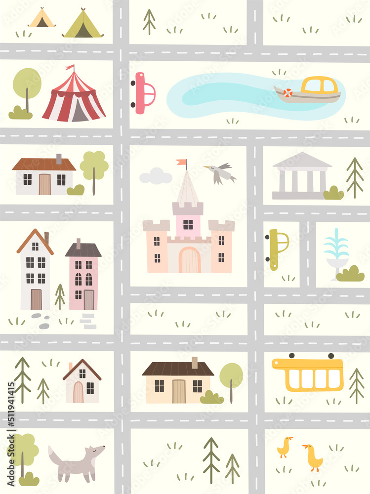Children's illustration with road map, cars and houses in cartoon style. Cute poster for nursery room design, cards, prints. Hand drawn vector poster Children's illustration with road map, cars and houses in cartoon style. Cute poster for nursery room design, cards, prints. Hand drawn vector poster