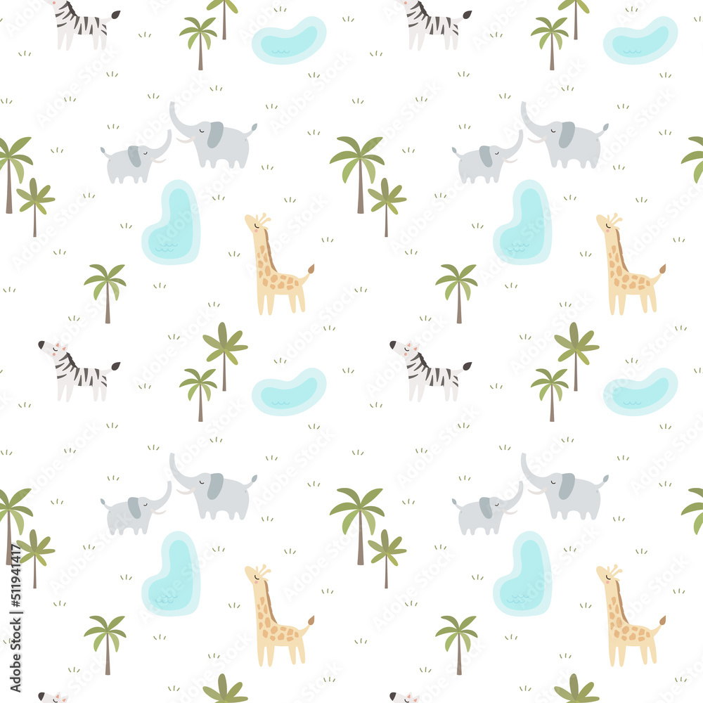 Obraz premium Cute seamless pattern with African animals and nature. Elephants, giraffe, zebra, palm trees, lake. Cartoon vector background