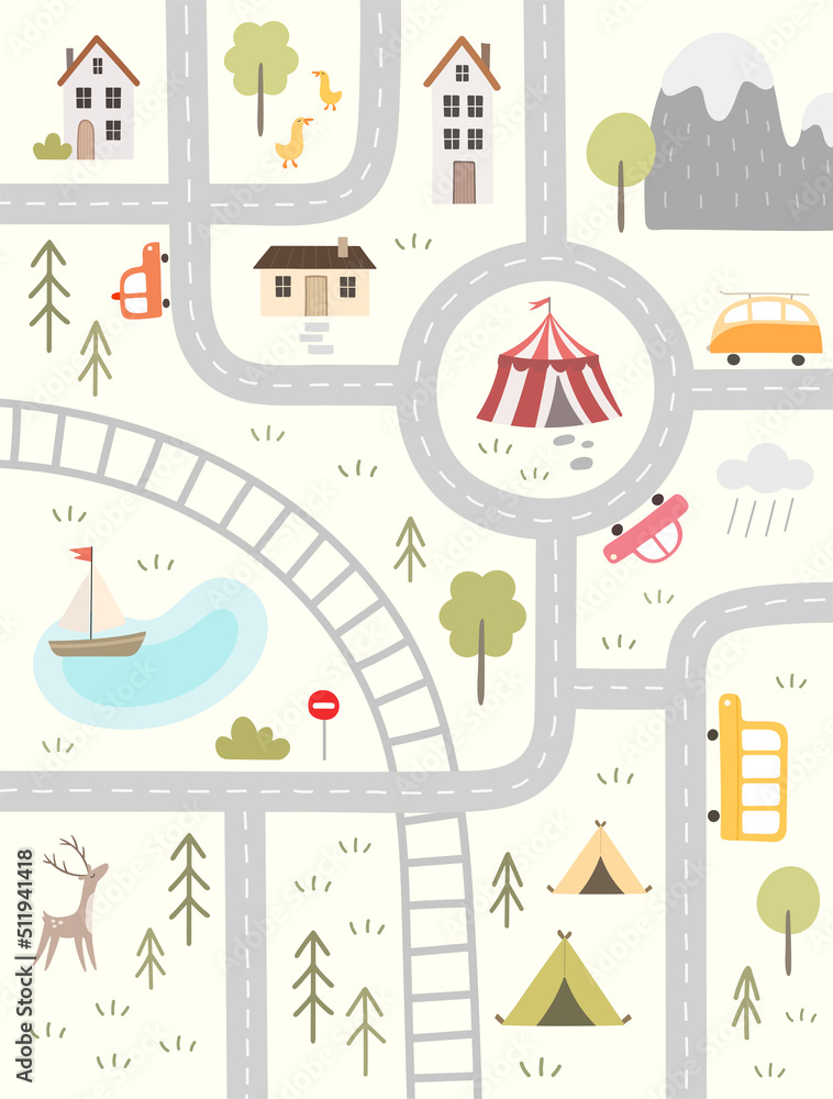 Children's illustration with road map, railroad, cars and houses in cartoon style. Cute poster for nursery room design, cards, prints. Hand drawn vector poster