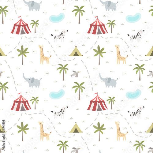 Cute seamless pattern with African animals, elephant, giraffe, zebra, palm tree, circus tent. Cute vector background.