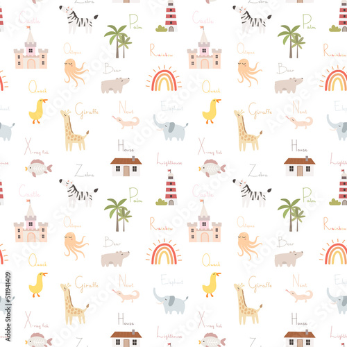 Cute seamless pattern with alphabet elements. Cartoon background with text and elements. Decor for nursery and kids room. Castle, rainbow, houses