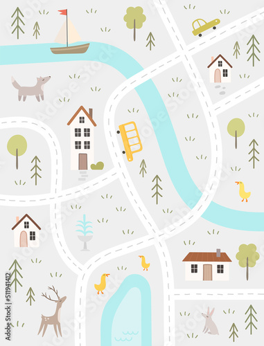 Children's illustration with road map, river, cars and houses in cartoon style. Cute poster for nursery room design, cards, prints. Hand drawn vector poster