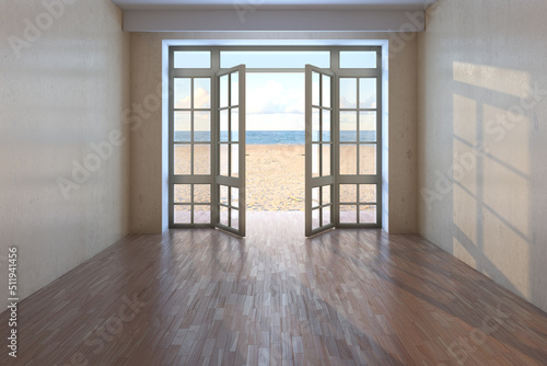 Empty Interior with Sea View near the Beach. Sunny Room with Open Doors Overlooking the Ocean, Yellow Sand and Clouds. Dark Parquet Floor and a Beige Stucco Walls. 3d illustration, 8K Ultra HD