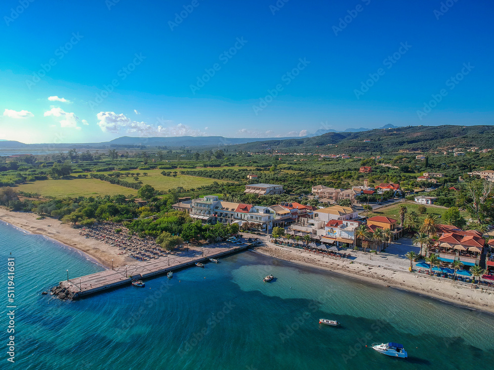 Panoramic aerial view over Gialova seaside city in Navarino bay. It is one of the best touristic places located in Messenia, Greece