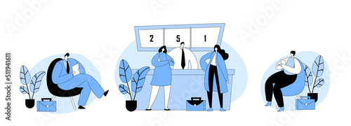 Characters Use Banking Finance Services. People Wait in Bank Office Queue. Client Talking to Managers about Deposit