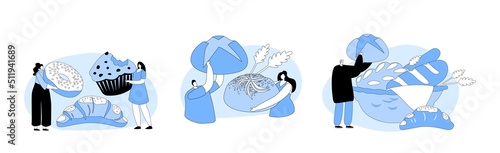 Happy People Eating Bakery. Tiny Men and Women with Huge Bread and Pastry. Male Character Holding Baked Sweet Bun
