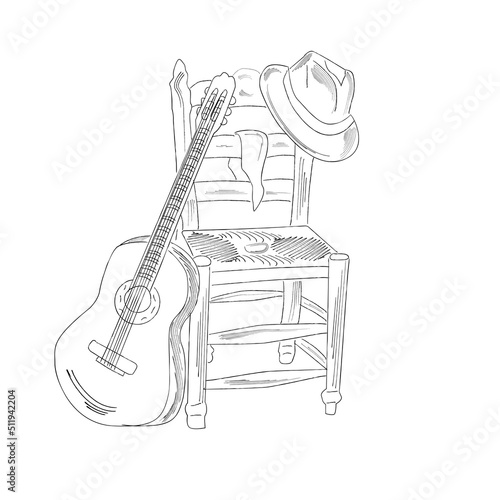 Musical guitar festival. Guitar, chair and hat. Vector vintage illustration. Country