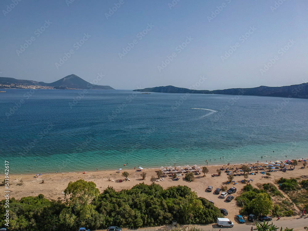 Fototapeta premium Panoramic aerial view over Divari beach near Navarino bay, Gialova. It is one of the best beaches in mediterranean Europe. Beautiful lagoon near Voidokilia from a high point of view, Messinia, Greece