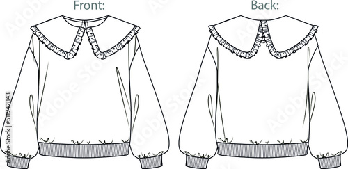 Vector long sleeved oversized top fashion CAD, woman boxy shape with collars and frill details sweatshirt technical drawing, template, mock up, flat. Fleece sweatshirt with front, back view, white col