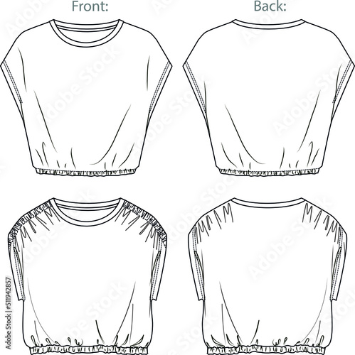 Vector drop shoulder T-Shirt with frills fashion CAD, woman sleeveless crop shirt technical drawing, sketch, template, flat, mock-up. Jersey or woven fabric 2 pcs top with front,back view, white color