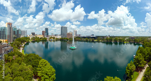 Aerial panoramic view of downtown Orlando, Florida at Lake Eola. June 19, 2022 photo