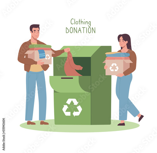 Recycle of used clothes. A man and a woman brought and put their clothes in a container for recycling and the subsequent creation of sustainable fashion. Flat vector illustration, cartoon style.