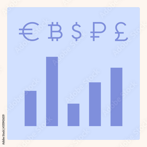 Currency growth chart. The increase and decrease in the exchange rate of various currencies (dollar, euro, ruble, pound). Isolated vector illustration