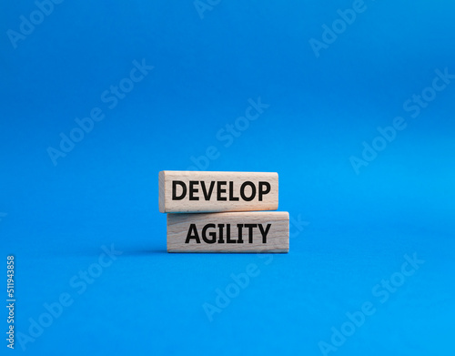 Develop agility symbol. Concept word Develop agility on wooden blocks. Beautiful blue background. Business and Develop agility concept. Copy space