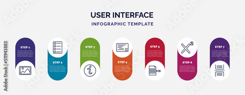 infographic template with icons and 7 options or steps. infographic for user interface concept. included insert picture, task list, information button, postal, export archive, superscript, page photo