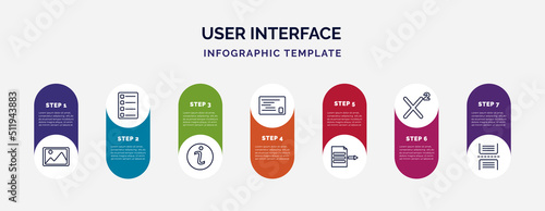 infographic template with icons and 7 options or steps. infographic for user interface concept. included insert picture, task list, information button, postal, export archive, superscript, page
