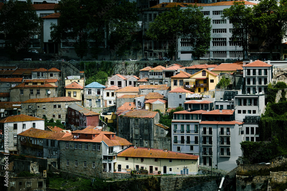 View of residential houses on the banks of the Douro River in Porto, Portugal.