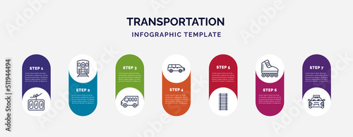 infographic template with icons and 7 options or steps. infographic for transportation concept. included funicular railway, , minibus, people carrier, railway line, inline skates, sports car icons.
