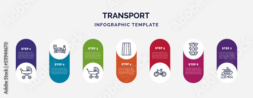 infographic template with icons and 7 options or steps. infographic for transport concept. included babysitter, parking men, pram, road with broken lines, bicycle side view, semaphore, luxury yacht