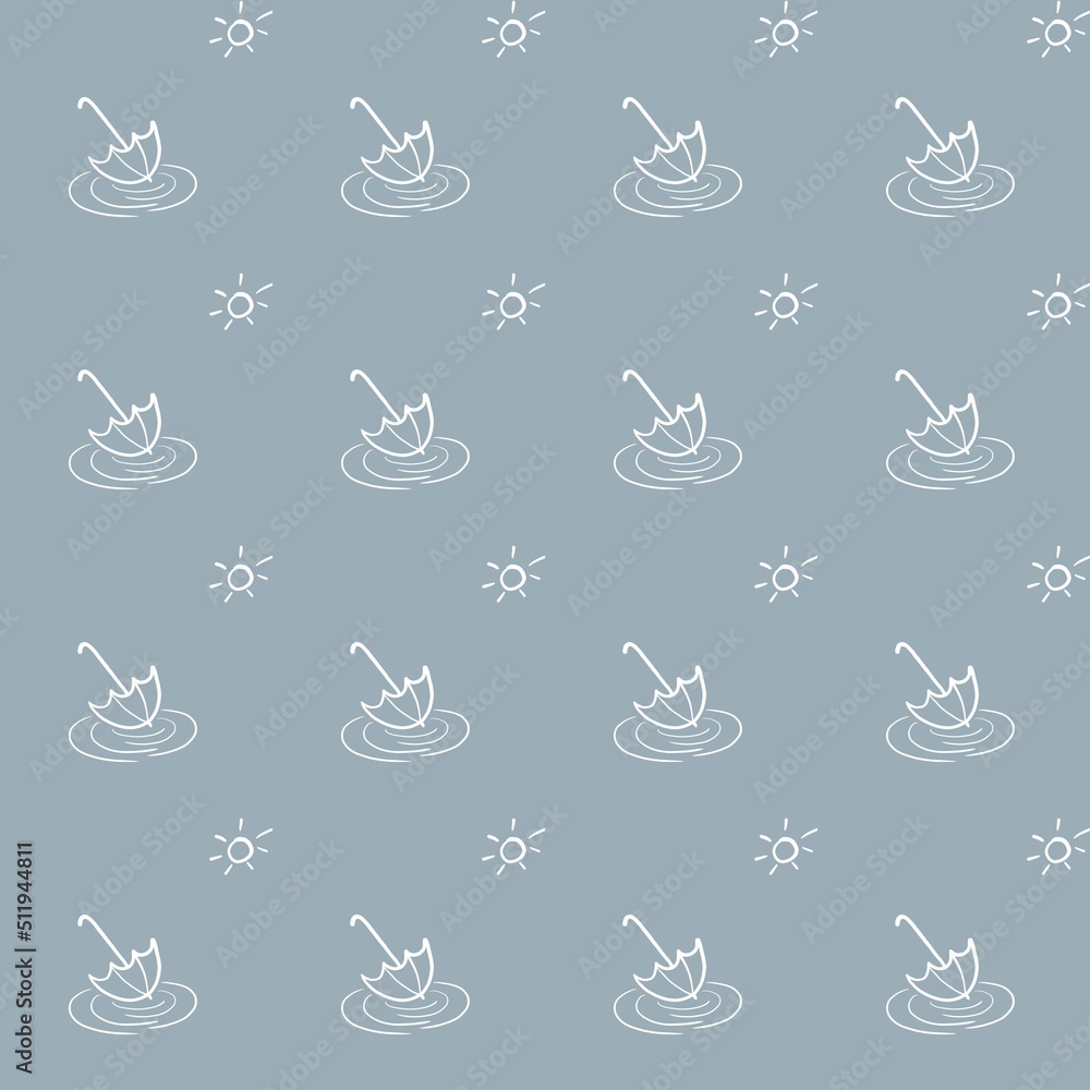 Fototapeta premium Background, seamless texture, white umbrella on a gray background, outline drawing by hand, for textile and paper, web design
