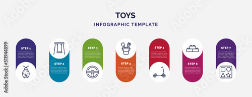 infographic template with icons and 7 options or steps. infographic for toys concept. included ladybug toy, swing toy, steering wheel toy, sand bucket skate blocks shapes icons.