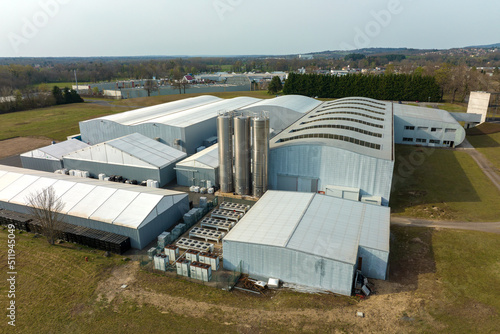Aerial view of new factory building for producing and shipping of industrial equipment