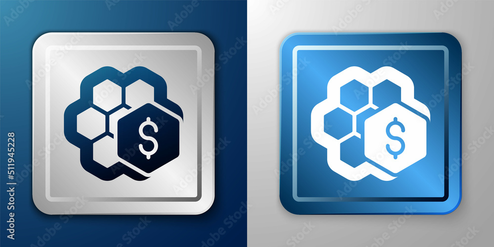 White Sale of honeycomb icon isolated on blue and grey background. Honey cells symbol. Sweet natural food. Silver and blue square button. Vector White Sale of honeycomb icon isolated on blue and grey background. Honey cells symbol. Sweet natural food. Silver and blue square button. Vector