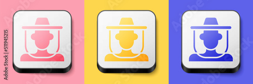 Isometric Beekeeper with protect hat icon isolated on pink, yellow and blue background. Special protective uniform. Square button. Vector