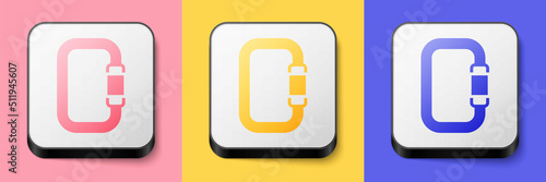 Isometric Carabiner icon isolated on pink, yellow and blue background. Extreme sport. Sport equipment. Square button. Vector
