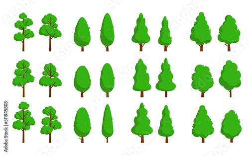Vector trees set - Collection of flat design green cartoon trees on white background